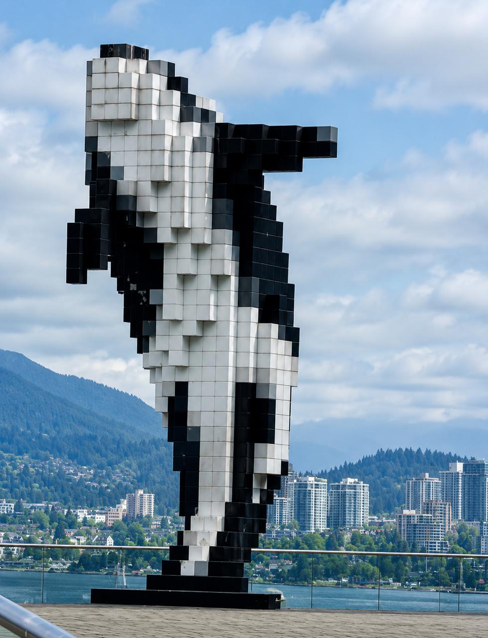 Orca public art sculpture overlooking a city during a world cruise